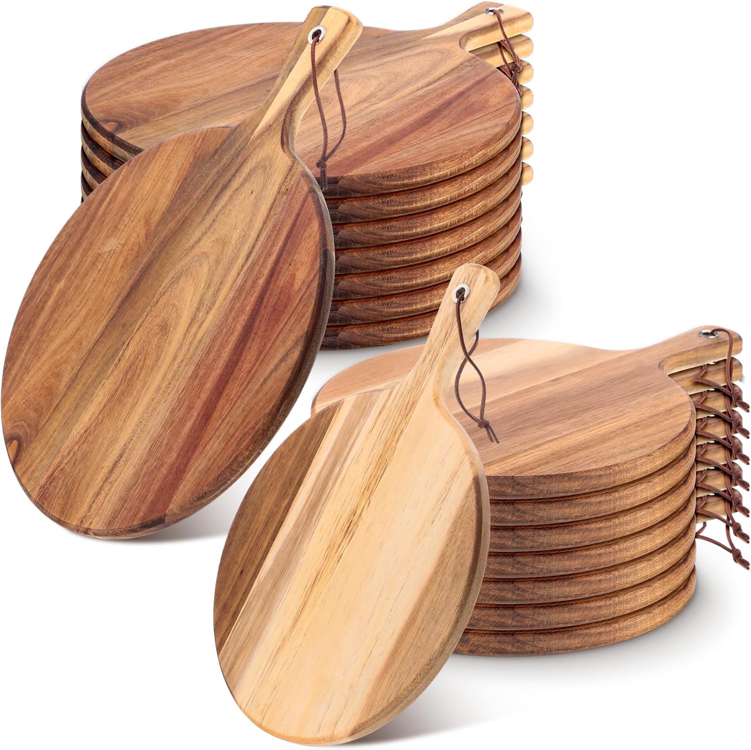16 Pack Acacia Wood Cutting Board with Handle Thick Round Charcuterie Boards 2 Size Acacia Chopping Boards for Serving Cheese Pizza Bread Platter Baking Wooden Wall Carving Decor