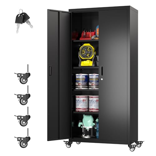 73" H Metal Storage Cabinet with Wheels, Garage Storage Cabinet with 4 Adjustable Shelves and Lockable Doors for Garage Home Office Utility Room,Required Assembly,Black