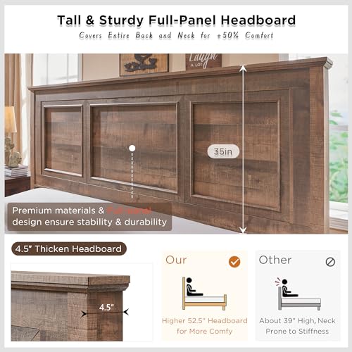 Farmhouse King Size Bed Frame with 52" Tall Full Panel Headboard, Wood Platform Bedframe with Footboard and Storage Drawers, No Squeak, No Box Spring Needed, Antique Brown