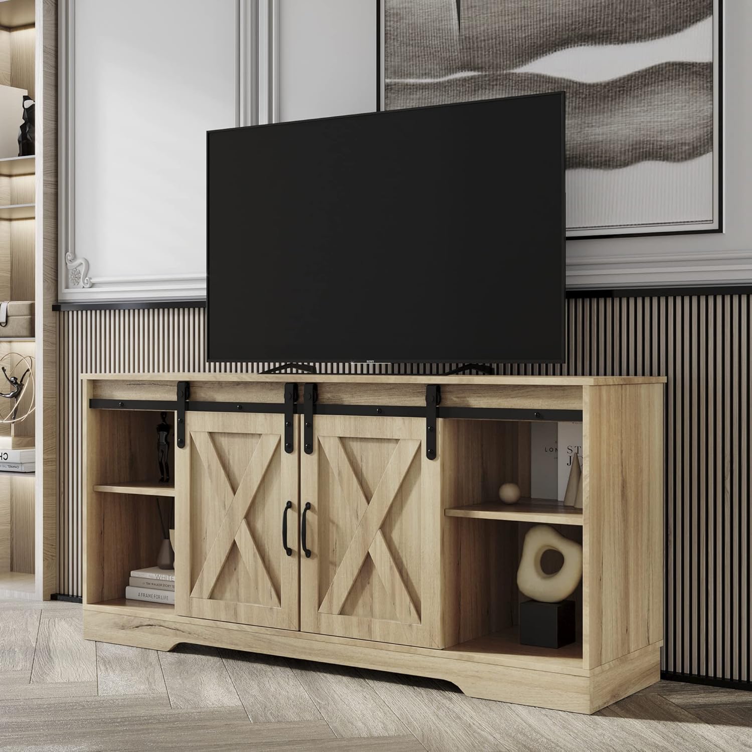 Farmhouse TV Stand for 65+ inch TV with Sliding Barn Door Entertainment Center with Storage for Living Room, Modern Console Storage Cabinet, Adjustable Shelves, Espresso