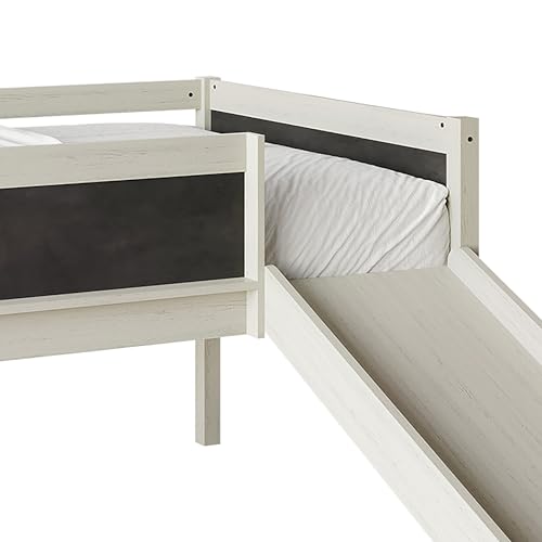 Low Loft Bed with Slide, Climbing Ladder, Chalkboard, Wood Twin Loft Bed Frame with Guardrail for Kids Toddler Boys Girls, Antique Gray