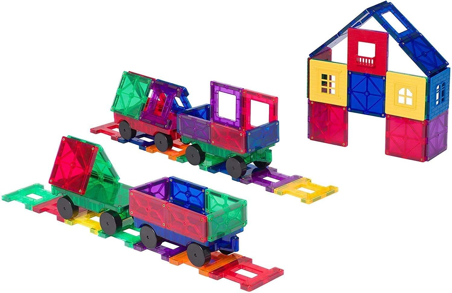 Award Winning Playmags Clear Colors Magnetic Tiles Building Set 50 + 6 Pc Set with Car - STEM Magnetic Toys Develop Motor Skills & Creativity, Colorful, Durable Magnet Building (56 Pc Set)