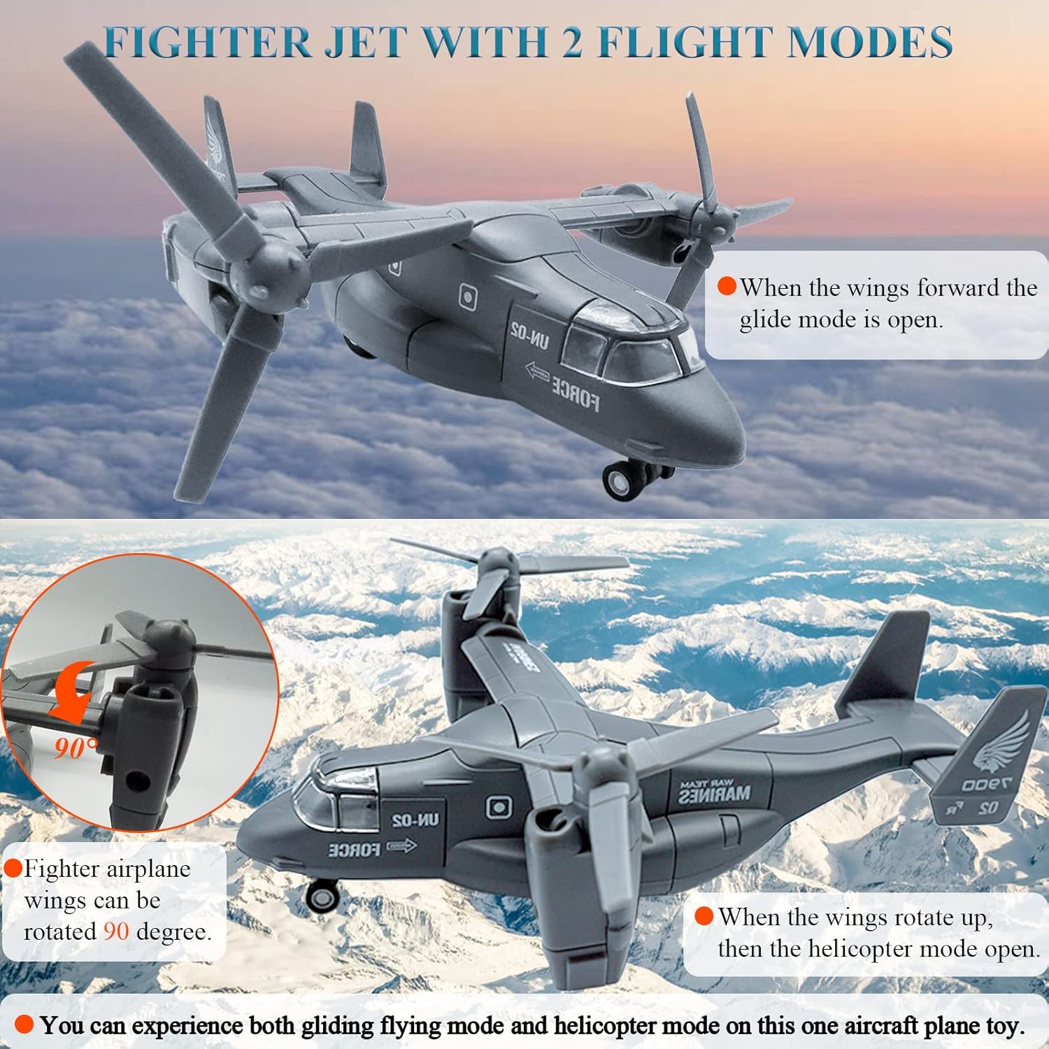 OTONOPI Military Helicopter Toy Marines Force Plane Model Military Transport Aircraft Fighter Jet Die-Cast Metal Pull Back Airplanes with Lights and Sounds for Kids or Collection Pack of 2
