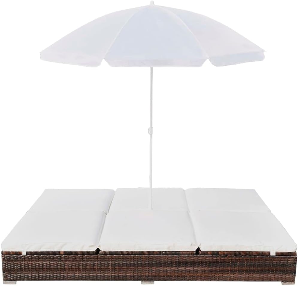 Double Sun Lounger with Cushion and Umbrella | 2-Person Patio Chaise Lounges | Adjustable Outdoor Sunbed | Garden Sunlounger Daybed | Sun Lounge Bed for Pool Beach Bakcyard | Brown Poly Rattan