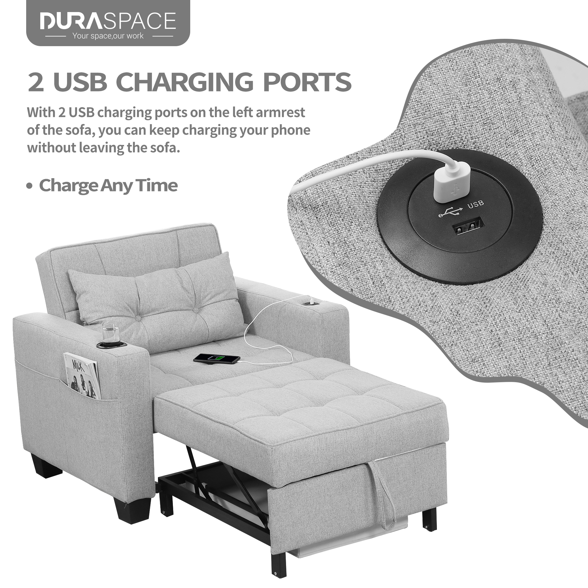 Duraspace Arm Lounge Chair into Sofa Bed for Living Room Adults with USB, Storage Space, Light Gray