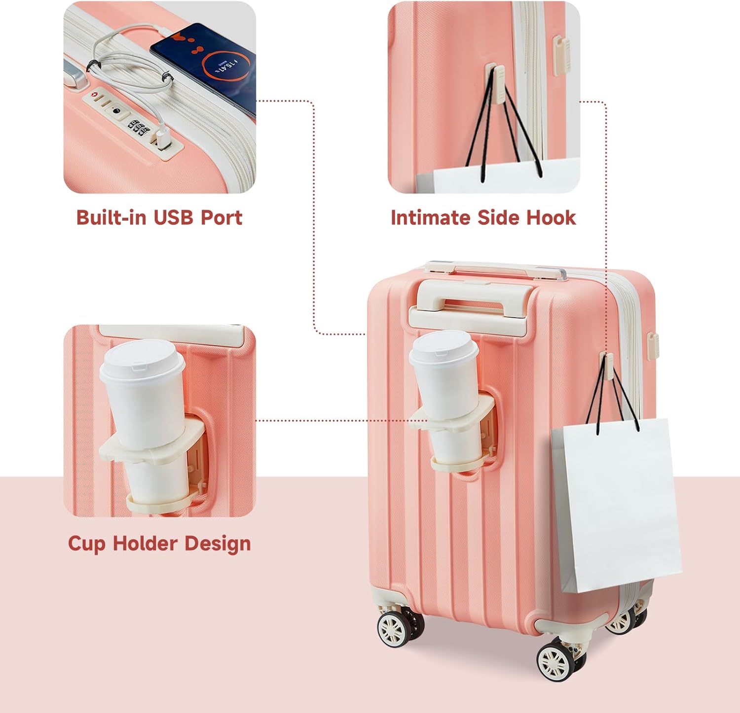 imiomo Luggage Sets 4 Piece Expandable Luggage Set with 2 toiletry bags , Hardside Carry on Suitcase with USB Port Cup Holder, Travel Luggage Suitcase with Spinner Wheels TSA Lock, Pink Beige