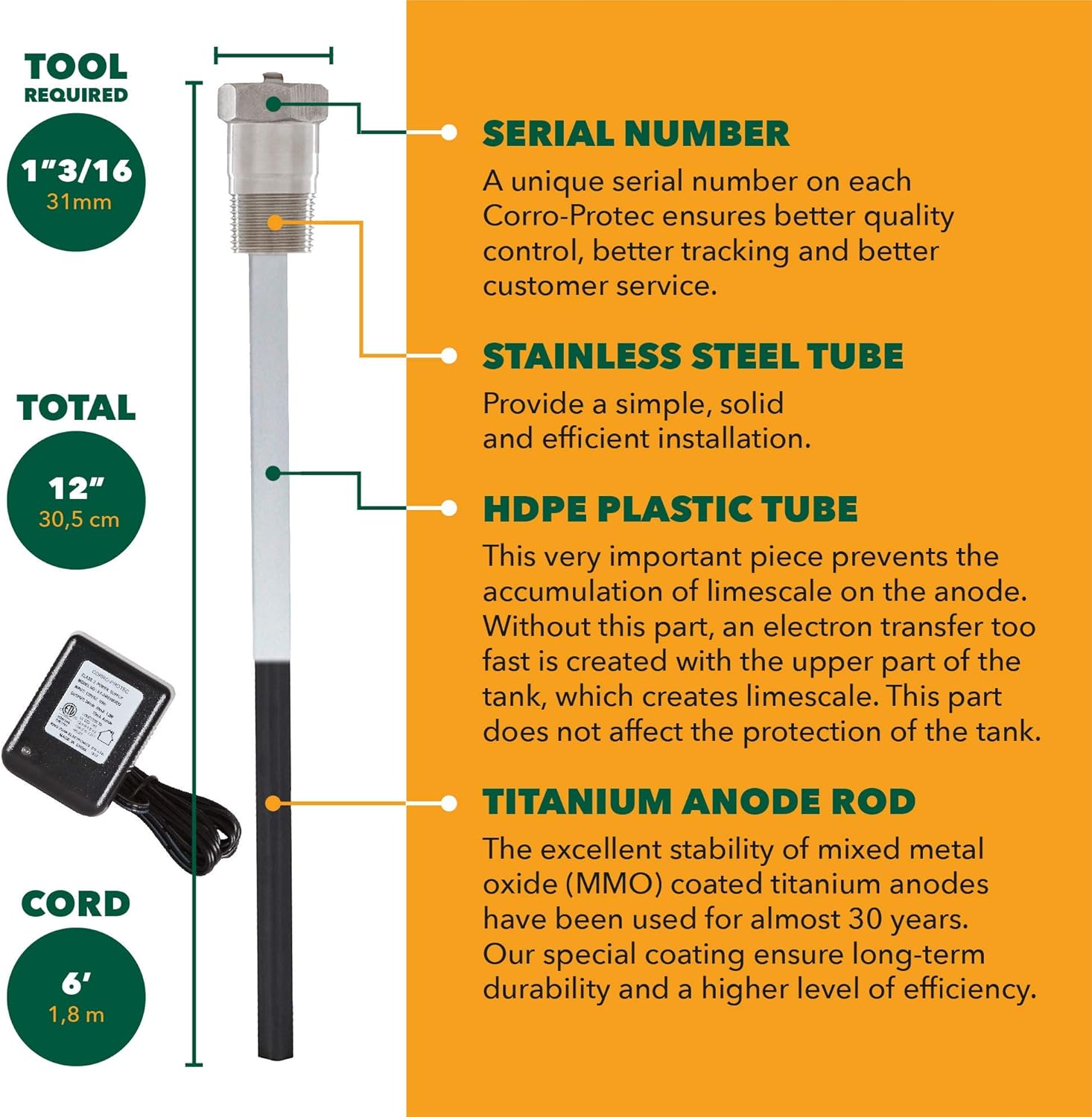 Corro-Protec? Powered Anode Rod for Water Heater, 20-Year Warranty, Eliminates Rotten Egg/Sulfur Smell within 24 hours, Stops Corrosion and Reduces Limescale, Electrical Anode Rod Made of Titanium