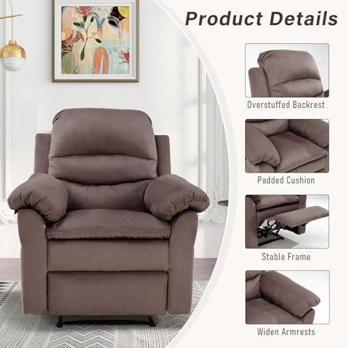 Manual Recliner Chair, Breathable Fabric Cloth Recliners with Padded Backrest and Armrests, Single Overstuffed Reclining Sofa for Living Room Bedroom