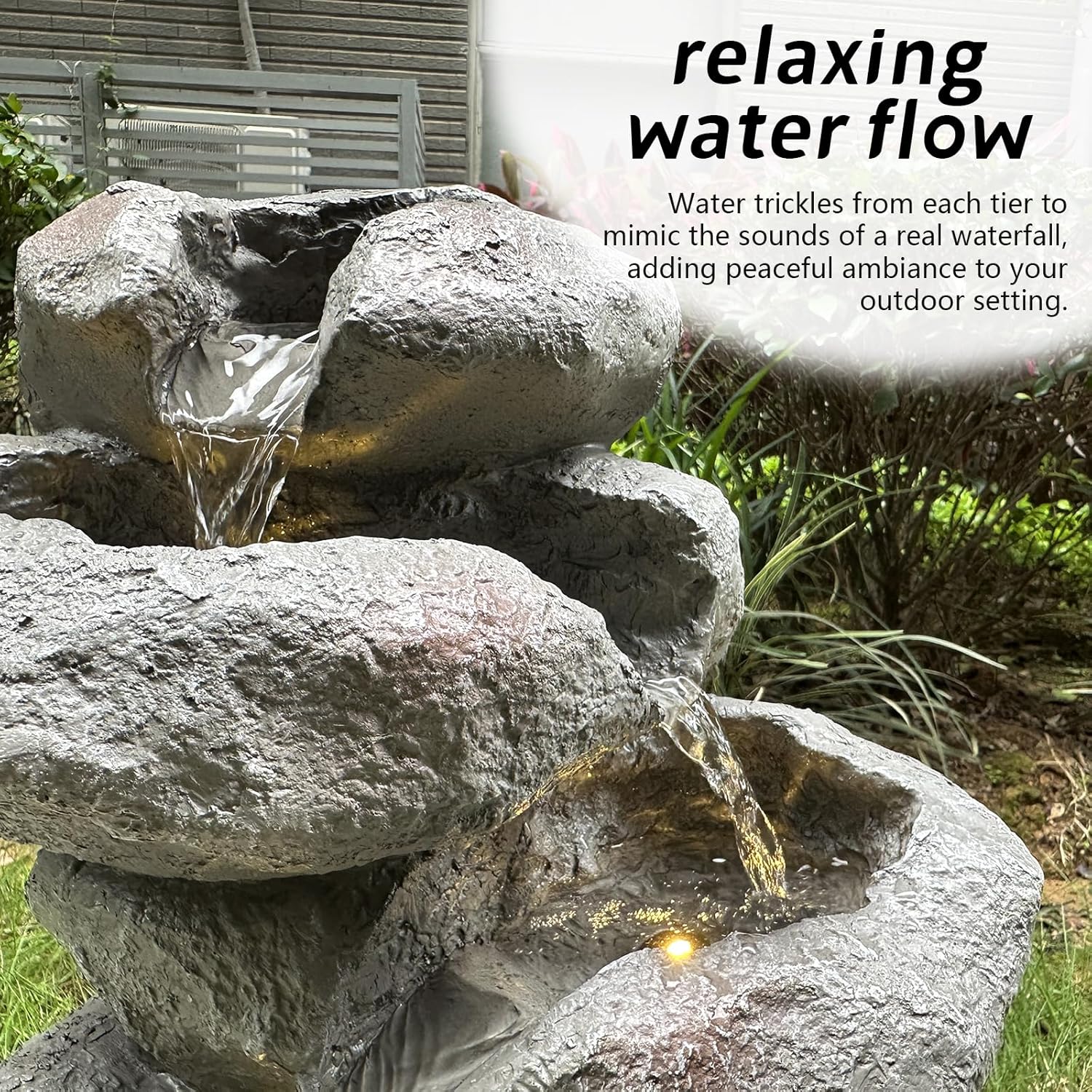 Tower Rock Fountain Fountain with LED Lights, Lighted Cascade Waterfall Freestanding Fountains 5-Tiered Stacked Rocks Outdoor Fountains for Patio and Garden Decor Deep Grey