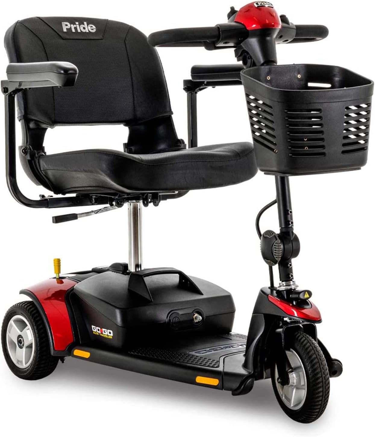 Pride Mobility Go-Go Elite Traveller 3-Wheel SC40E 12AH, Indoor & Outdoor Travel Electric Mobility Scooter w/Red & Blue Shroud Inserts for Adults, 300 lbs. WC, Up to 4 MPH, 7.25 Range Per Charge