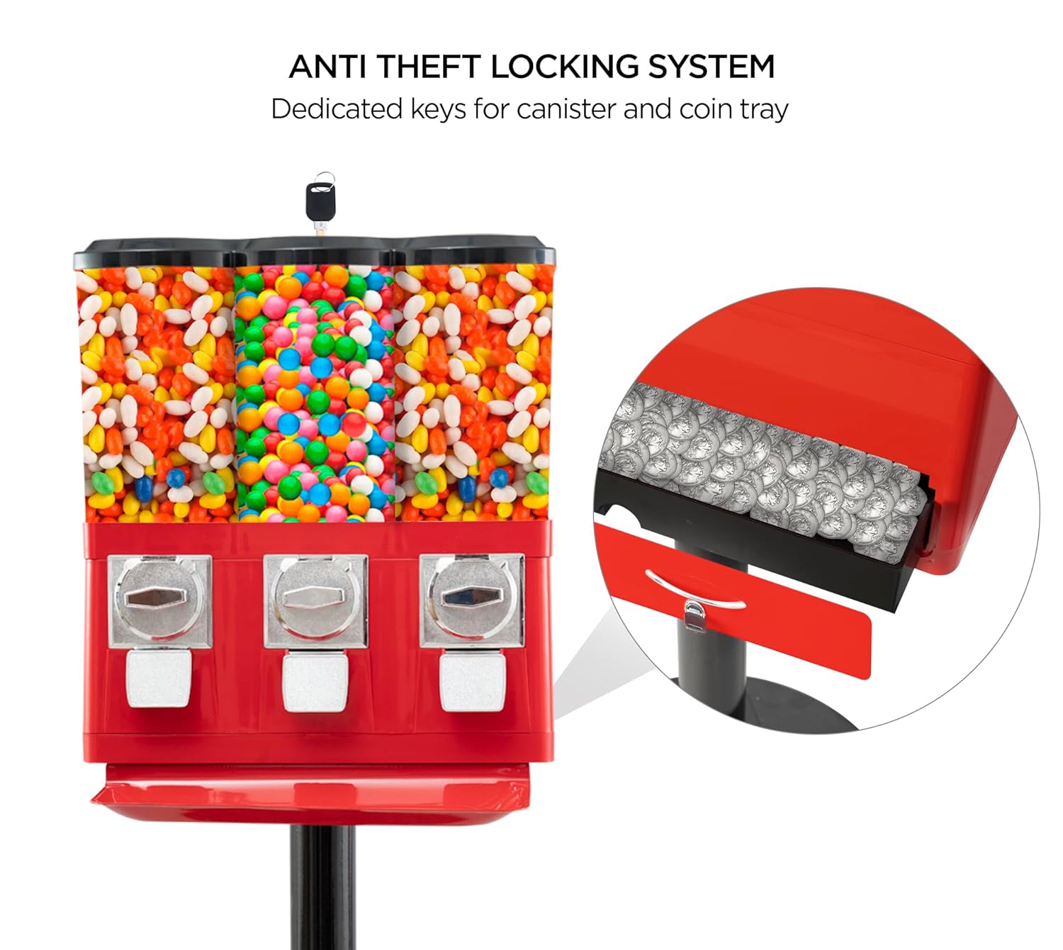 Commercial Candy Vending Machine Triple Candy Machine Dispenser for Gumball Candy with 3 Removable Canisters and Quarter Coin Operated Vending Machine with Anti-Theft Lock for Business Meets FDA Norms