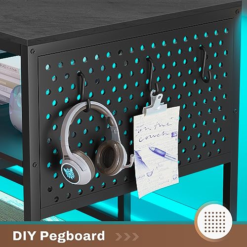 SEDETA L Shaped Gaming Desk, Reversible Computer Desk, Gaming Desk with Power Outlets & LED Strip, Monitor Shelf, Keyboard Tray, Pegboard and Storage Shelves for Home Office, Black