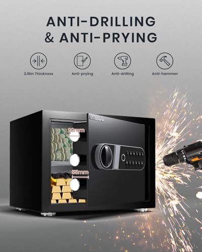 Biometric Safe, Fingerprint Home Safe Box with Fireproof Waterproof Bag & Key, 1.4 Cu ft Security Money Safe for Cash, Jewelry, Valuables, Digital Electronic Keypad, Dual Alarm System, Cabinet safe