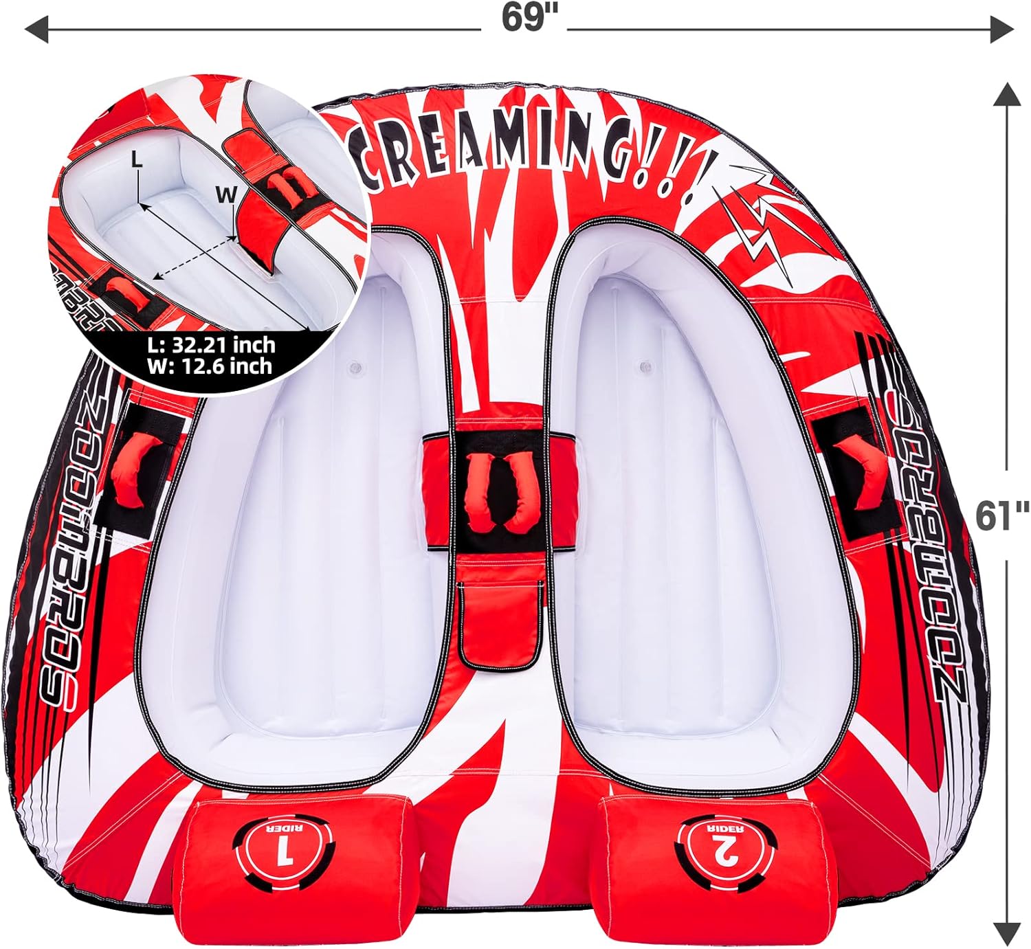 ZOOMBROS Towable Tubes for Boating 2 Person, Water Tubes for Boats to Pull, Safety Inflatable Boat Tubes and Towables, Water Sport Towables with Drainage, Quick Connector, Large Capacity