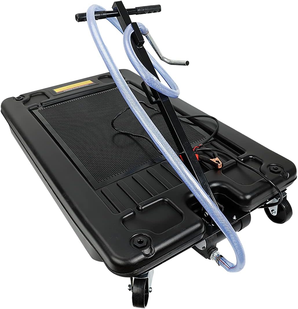 BACLAUGH Low Profile Oil Drain Pan 17 Gallon Portable with 12V DC Centrifugal Electric Pump and 8'' Hose