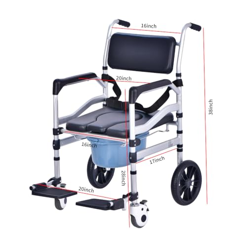 3IN1 Bathroom Wheelchairs, Bedside Commode Chair with Wheel + Raised Toilet Seat Raiser for Seniors+ Bath Shower Chair with Handles, Portable Folding Toilet Lift Bar for Elderly