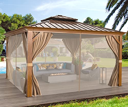 MELLCOM 12'x16' Hardtop Gazebo, Galvanized Steel Metal Double Roof Canopy with Curtains and Netting, Brown Permanent Pavilion Gazebos with Aluminum Frame for Garden, Patio, Lawns, Deck