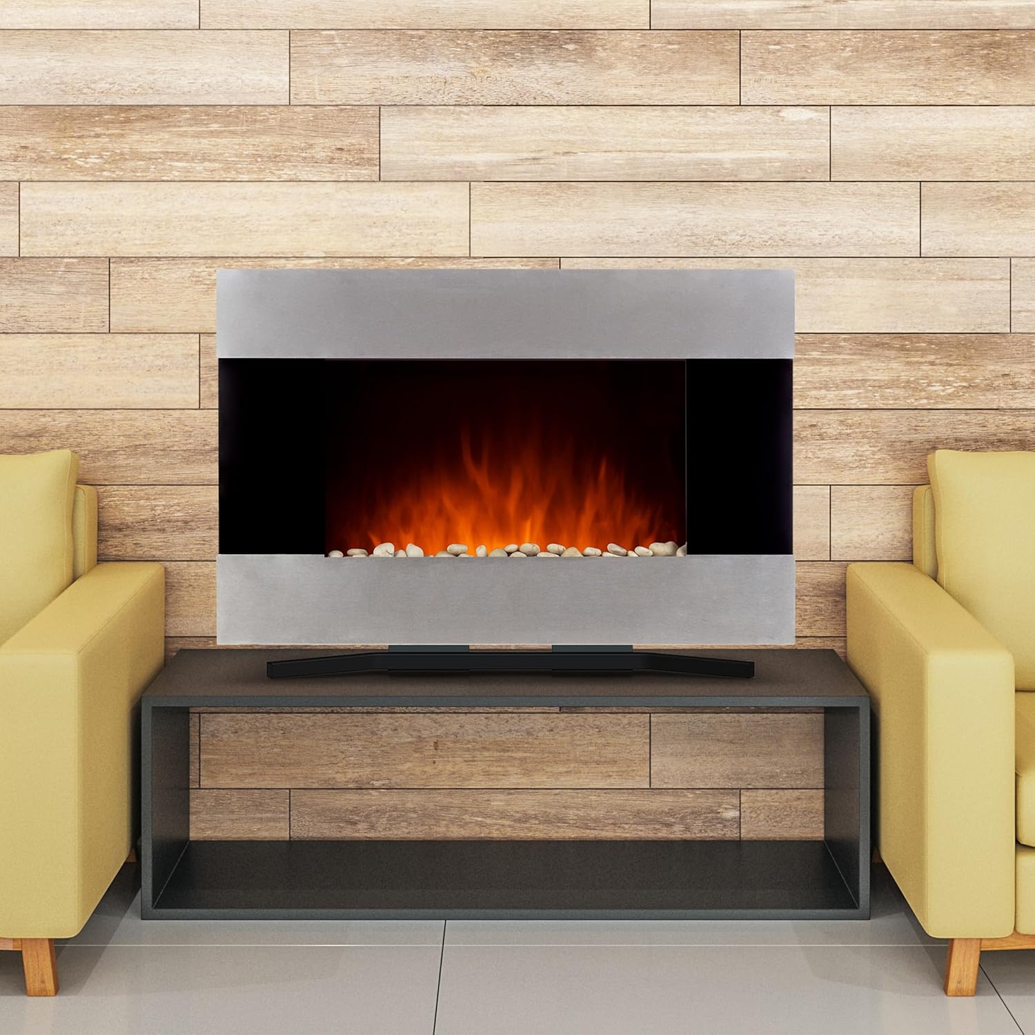 36-Inch Wall Mounted Electric Fireplace - Modern Stainless-Steel Fireplace with Floor Stand, Remote, and Adjustable Heat and Brightness by Northwest