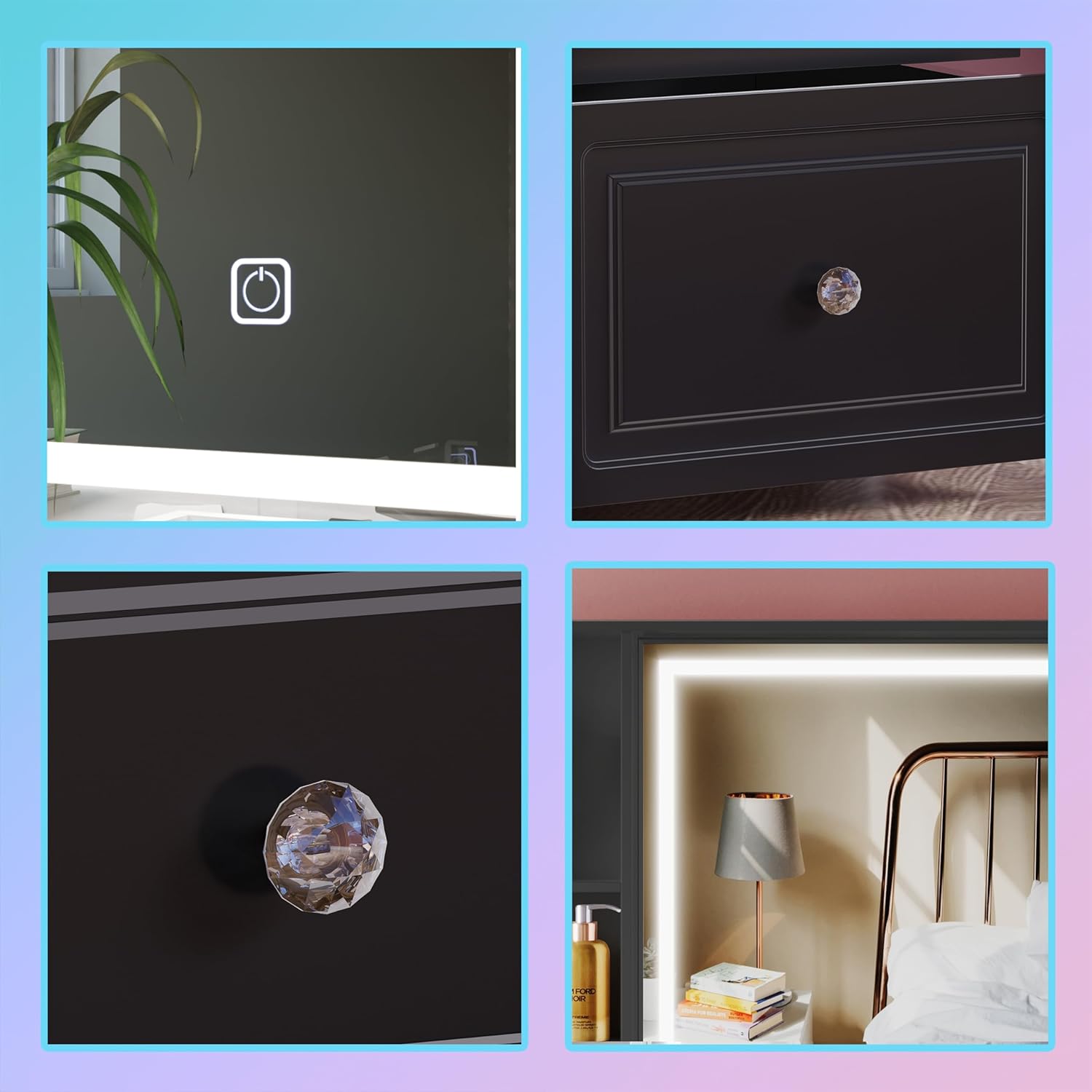 Extra Large Vanity Desk with Lighted Mirror,Huge Desktop Makeup Vanity Table with 9 Drawers,European Style Vanity, Crystal Ball Knobs, Carving Patterns Vanity Makeup Desk for Bedroom(Black)