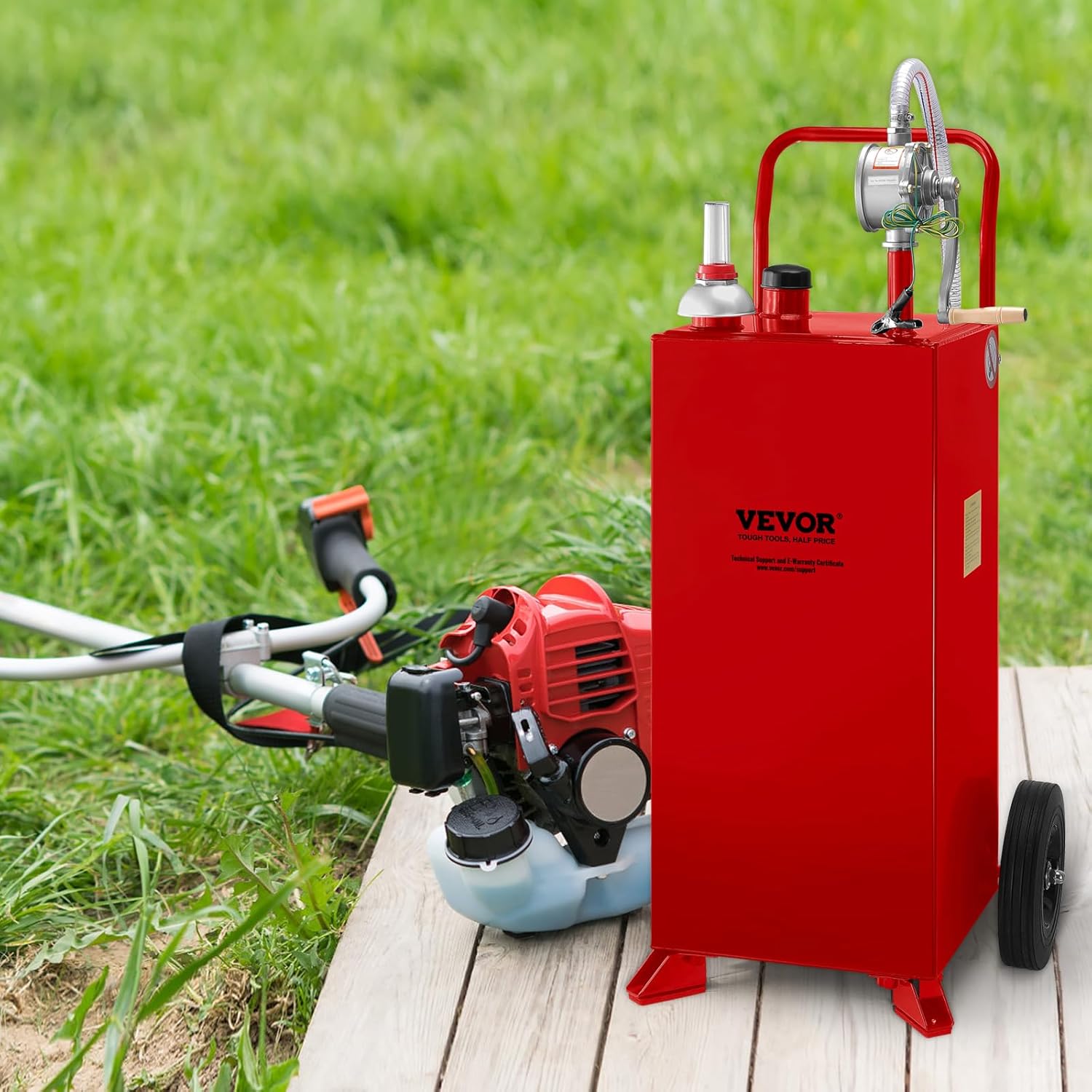 VEVOR 30 Gallon Portable Gas Caddy, Fuel Caddy Fuel Storage Tank with 2 Wheels & Manual Transfer Pump, Gasoline Diesel Fuel Container for Cars, Lawn Mowers, ATVs & Boats, Red