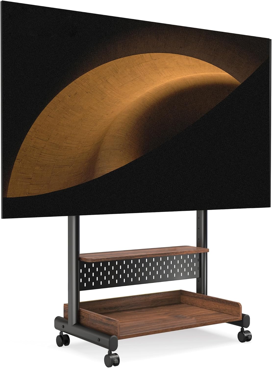 FITUEYES Mobile Stand for 40-85 Inch LCD/LED Flat Curved Screens with Wooden Large Storage and Black Height Adjustable Rolling TV Stand Hold Up to 88 Lbs，Landscape to Portrait Rotating and 40°Swivel