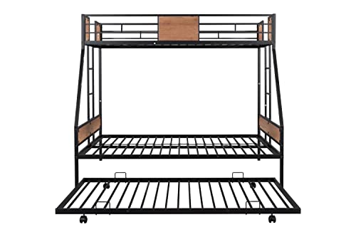 Twin Over Full Bunk with Trundle Metal Bunk Bed Frame with Slat and Guardrail, Black