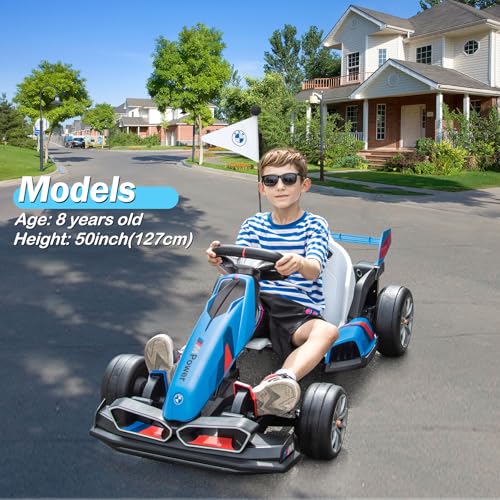 36V Electric Go Kart for Kids, Licensed BMW Battery Powered Drift Racing Go Kart, 7.5 MPH Drift Kart with Dual 300W Powerful Motor, Kids Race Pedal Go Karting Car w/Adjustable Speed, White