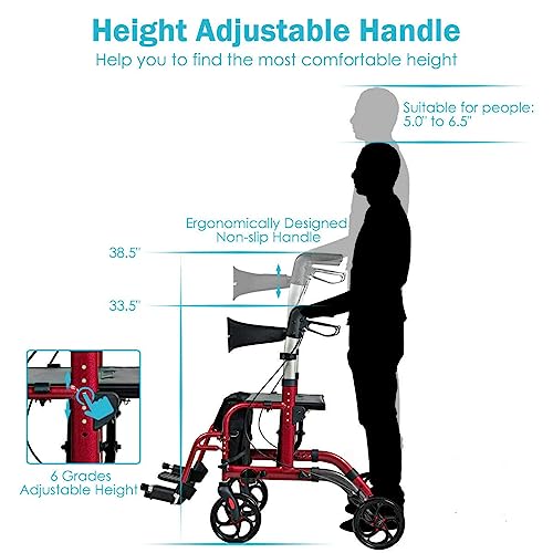 GOPLUS 2 in 1 Rollator Walkers for Seniors, Folding Rollator Walker with Seat, 8-inch Wheel Medical Drive Walker Wheelchair Combo with Backrest, Adjustable Handle for Adults, Aluminium Frame