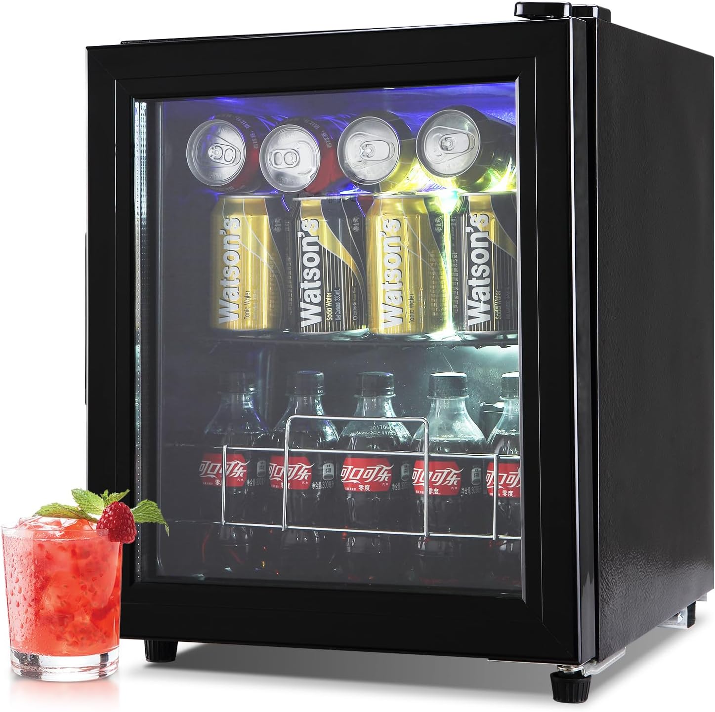 Wine Beverage Refrigerator, 70 Cans Mini Beverage Fridge with Clear Door, Mini Drink Fridge with Adjustable Shelves Temperature Controlled Glass Door Mini Fridge for Office or Bar, Black