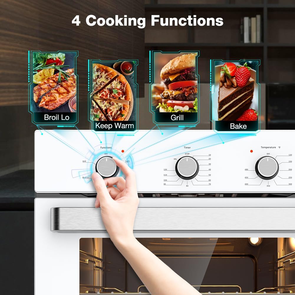 24" Single Wall Oven, thermomate 2.79 Cu.ft. Electric Wall Oven with 5 Cooking Functions, 2200W White Built-in Ovens with Mechanical Knobs Control, ETL Certified