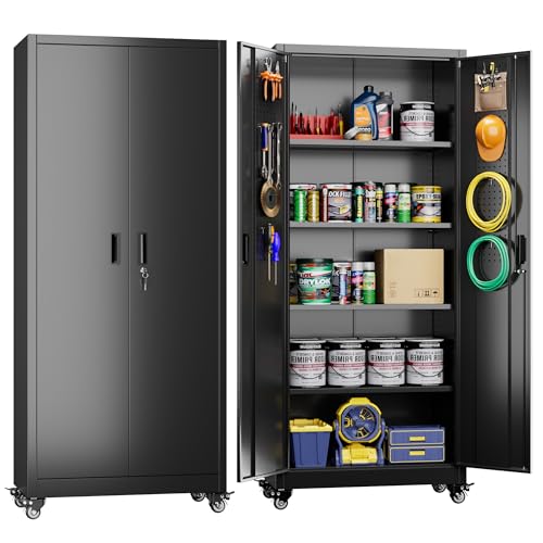 Aobabo 71" H×34" W×18" D Garage Metal Storage Cabinet with Wheels, Locking Steel Storage Cabinet with 5 Shelves and 4 Hooks, for Home Office, School, Assembly Required, Black Silver