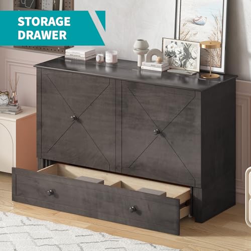 BALUS Murphy Bed, Furniture Murphy Cube Cabinet Bed with USB Charging Station, Foldable Cabinet, Memory Foam Queen Size Mattress, Storage Drawer-Cherry