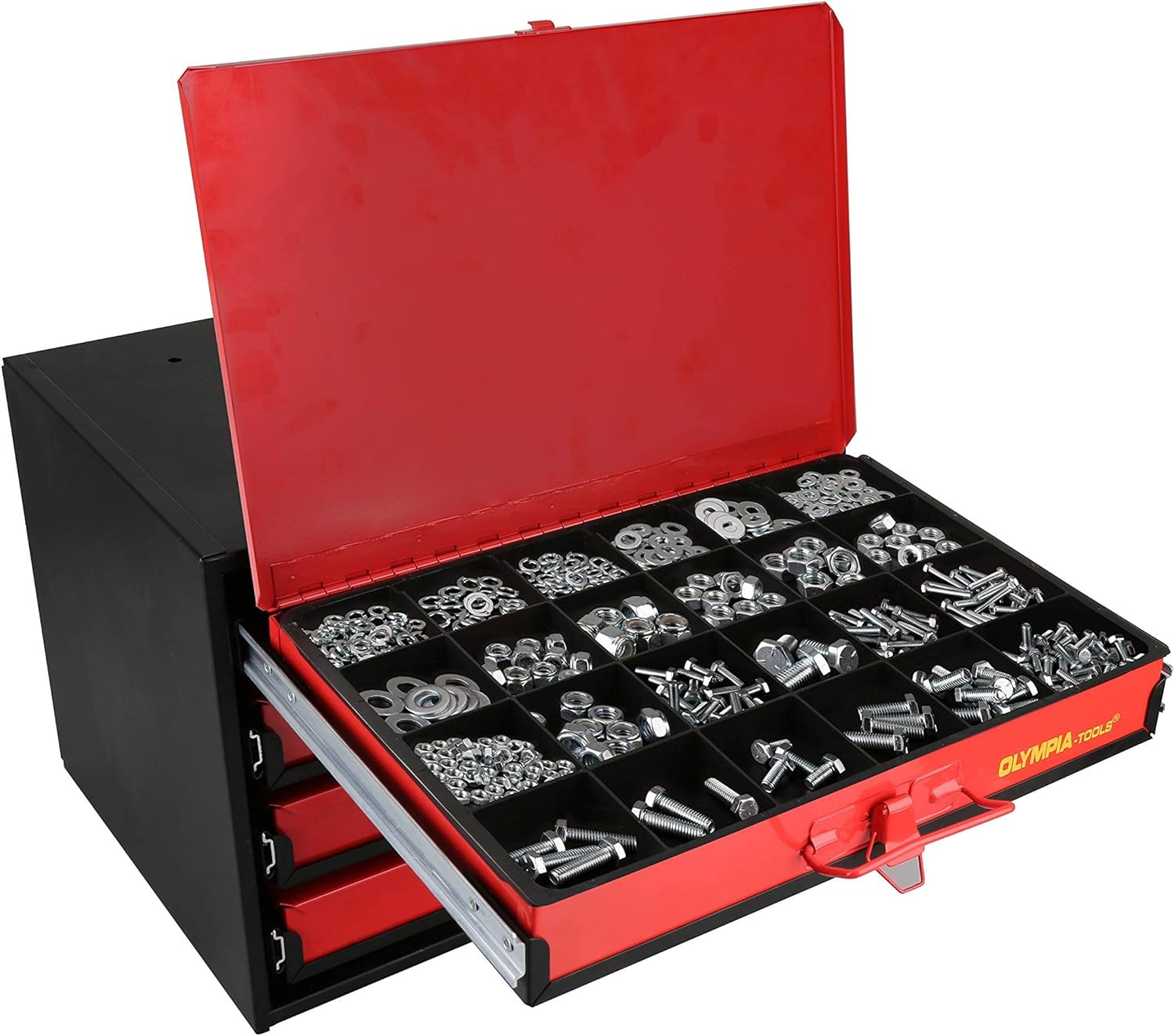 Olympia Tools 90-806 4-Drawer Hardware Organizer includes 2500-pieces Small Hardware, black/red