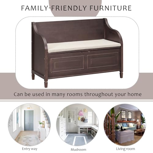 P PURLOVE 42 Inch Rustic Style Storage Bench with Safety Hinge,Solid Wood Entryway Multifunctional Storage Bench Shoe Bench with Removable Cushion for Living Room,Bedroom