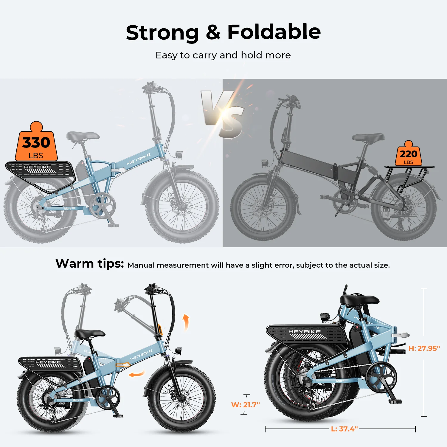 Heybike Mars 2.0 Electric Bike Foldable 20" x 4.0 Fat Tire Electric Bicycle with 48V 12.5AH Removable Battery, Folding Ebike with APP Control, Full Suspension - Curated Treasures Market