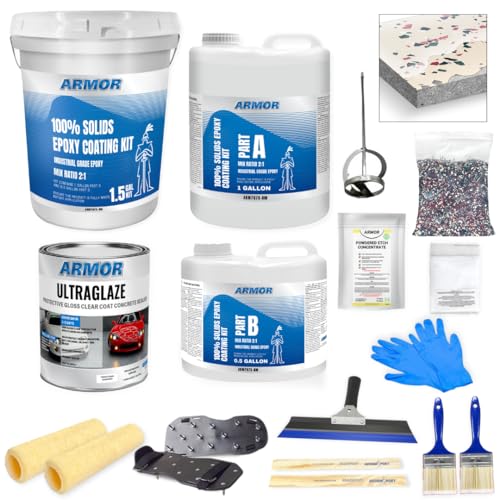 Garage Epoxy Floor Kit – 100% Solids - 2 Part Industrial-Grade Coating w/UltraGlaze Topcoat | DIY Slip & Hot Tire Resistant | 300 Sq Ft - Blue - 17 pc kit
