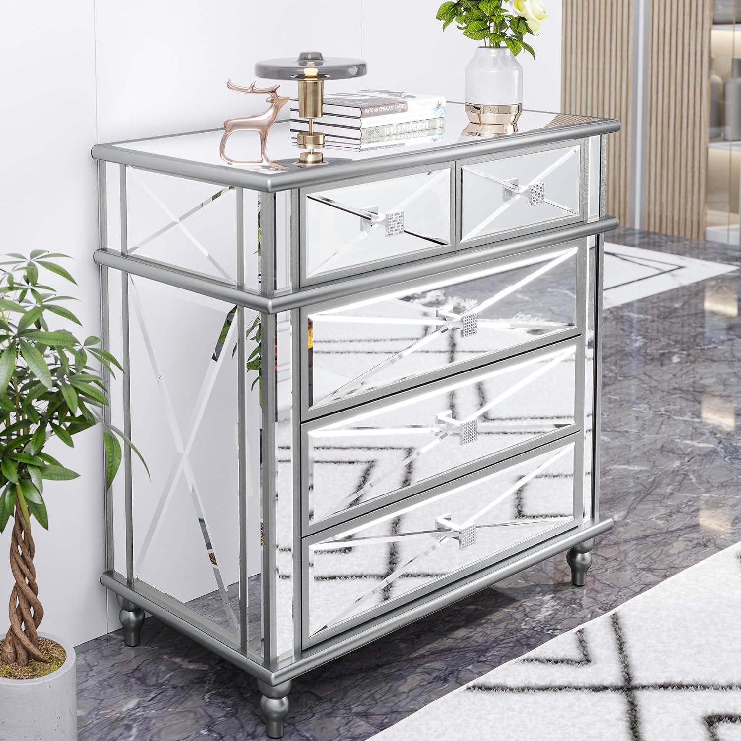 DWVO Silver Mirrored 5 Drawer Dressers for Bedroom, 35" Accent Chest with Drawers, with 5 Storage Drawers and Wood Legs, Fully Assembled Mirrored Nightstand for Bedroom, Living Room