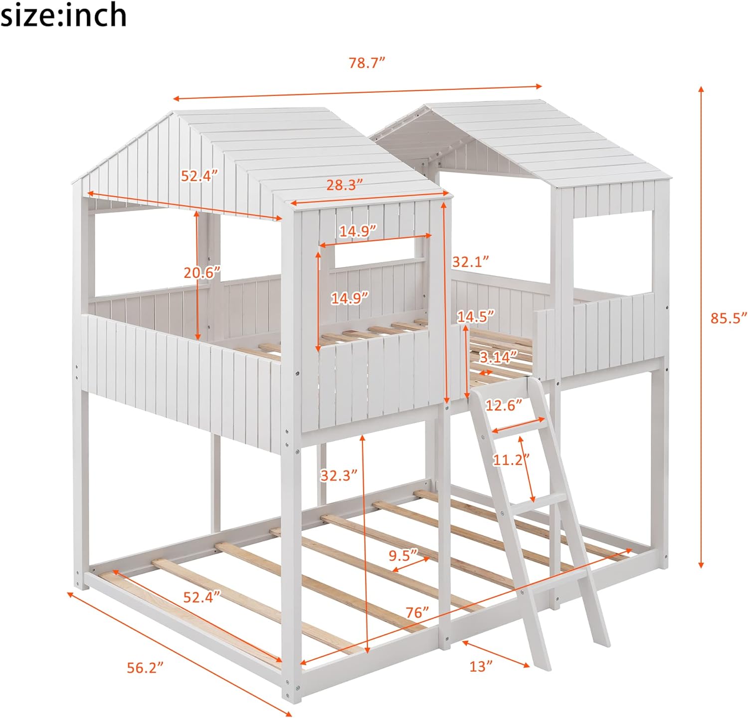 Solid Wood Full Over Full House Bunk Bed with Roof and Ladder, Kids Low Bunkbeds Playhouse with Window & Guard Rail, for Boys Girls Bedroom, White