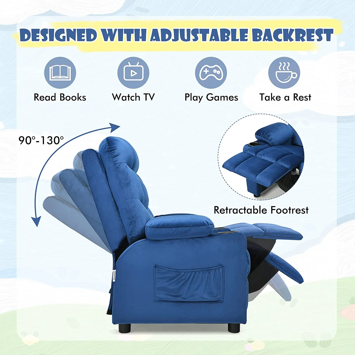 Kids Recliner Chair, Toddler Armchair Upholstered Couch with Cup Holder, Child Furniture for Ages，Adjustable Lounge Recliner，Blue