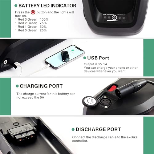 Ebike Battery, 48V 36V/20Ah 15Ah 13Ah Electric Bike Battery for 250-1500W Bike Motor, Led Indicator Light, USB Port, Safe Lock, with Safe and Fast 3A Charger (48V 13Ah)