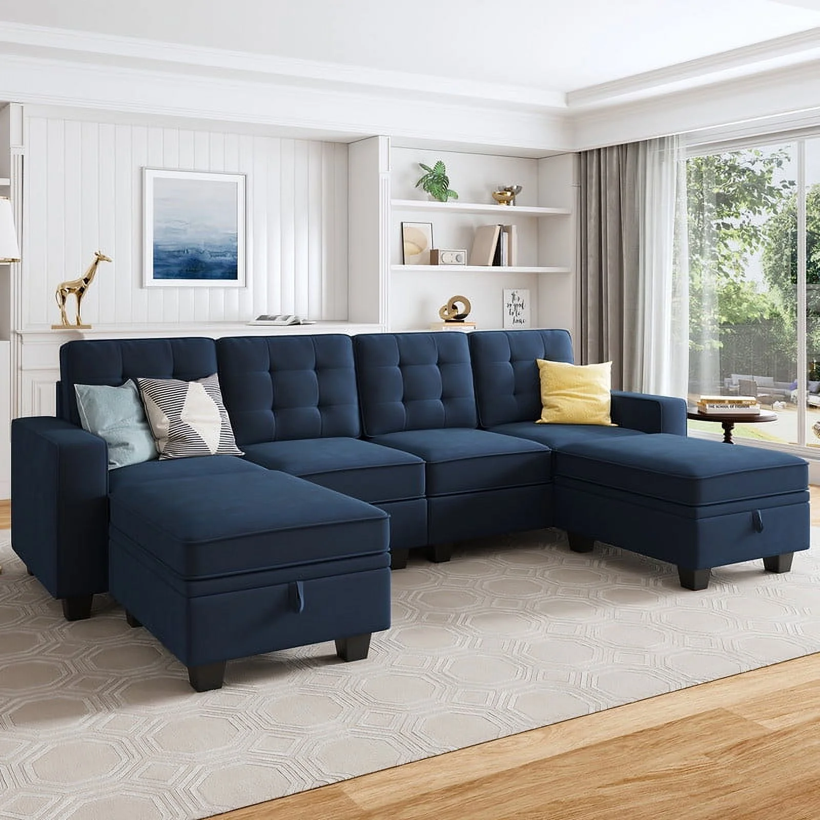 HONBAY Modern U-Shaped Sectional Sofa with Reversible Chaises and Storage Ottomans, Dark Blue