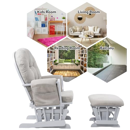 Naomi Home Nursery Glider & Ottoman Sets, Reclining Glider Rocker with Ottoman, Nursery Rocking Breastfeeding Maternity Chair for Baby Room, Recliner Glider with Ottoman, Padded Arms - White, Gray
