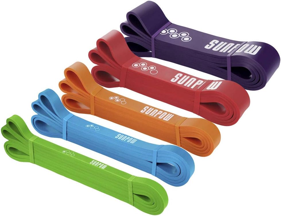 SUNPOW Pull Up Assistance Bands - Set of 5 Resistance Heavy Duty Workout Exercise Crossfit Stretch Fitness Bands Assist Set for Body, Instruction Guide and Carry Bag Included