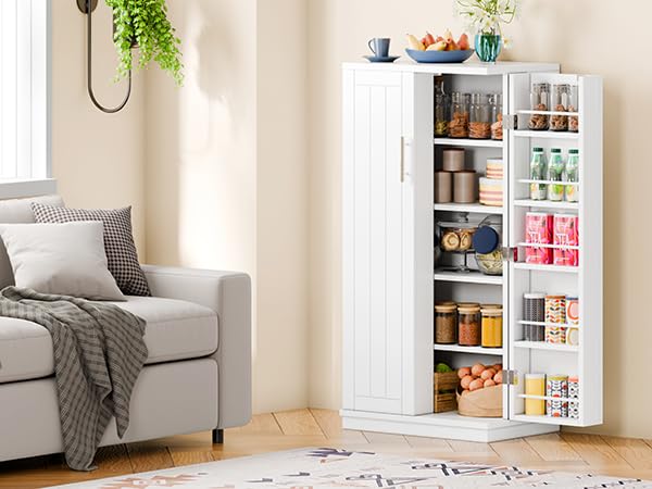 Meilocar 47in Pantry Cabinet, Wooden Kitchen Storage Cabinets Freestanding Cupboard with Doors & Adjustable Shelves, Storage Cabinet for Kitchen, Living Room, Dining Room, Office(Black)