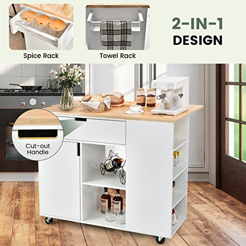 LOKO Kitchen Island with Drop Leaf, Rolling Kitchen Storage Cart with Drawer, Cabinet, 6 Open Shelves, Spice Rack & Towel Bar, Rolling Kitchen Island with Storage & Lockable Wheels (Black)