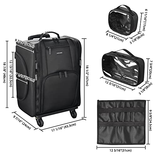 BYOOTIQUE Classic Black Rolling Makeup Train Case Soft Sided Cosmetic Storage Makeup Organizer Carry on Travel with Removable Side Pocket Bag