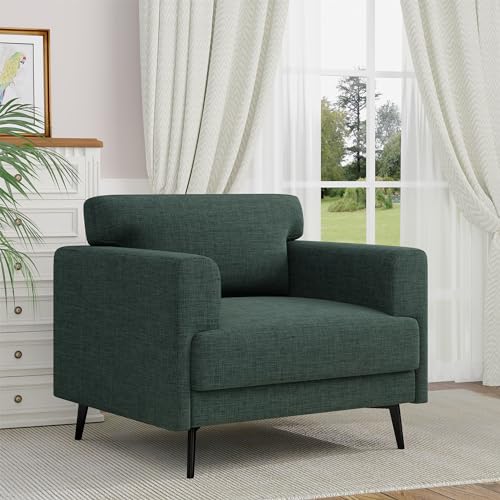 Oversized Accent Chair, Linen Fabric Mid Century Modern Chair with Solid Wood Frame and Soft Cushion, Upholstered Linen Fabric Armchair Reading Chairs for Living Room Bedroom, Yellow