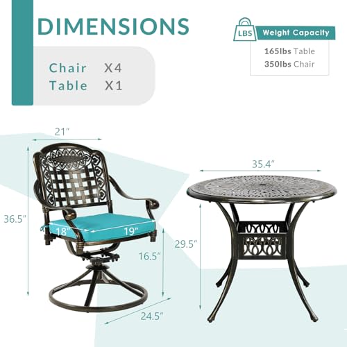 MEETWARM 5-Piece Outdoor Patio Dining Set, All-Weather Cast Aluminum Patio Conversation Set for Backyard Garden Deck with 4 Cushions Swivel Rocker Chairs and 35.4" Round Table, 2.2" Umbrella Hole