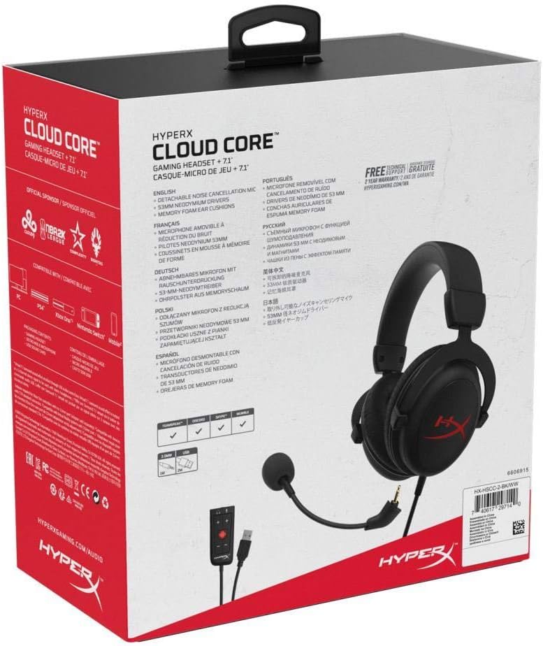 HyperX Cloud Core - Gaming Headset, for PC, 7.1 Surround Sound, Memory Foam Ear Pads, Durable Aluminum Frame, Detachable Noise Cancelling Microphone