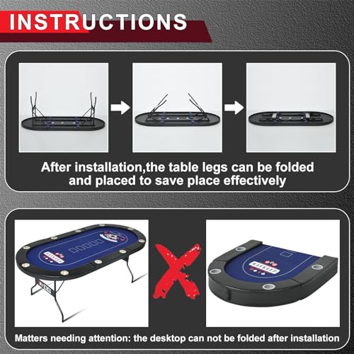 84" Poker Table Foldable, 10 Player Portable Casino Leisure Texas Holdem Table, Folding Game Table with Padded Rails and Cup Holders for Texas Card, Blackjack Board Game（Black (Black)